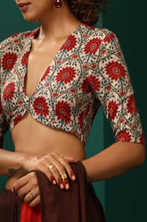 Truebrowns Ivory Red Circle Floral Muslin Silk Printed Deep V-Neck Blouse